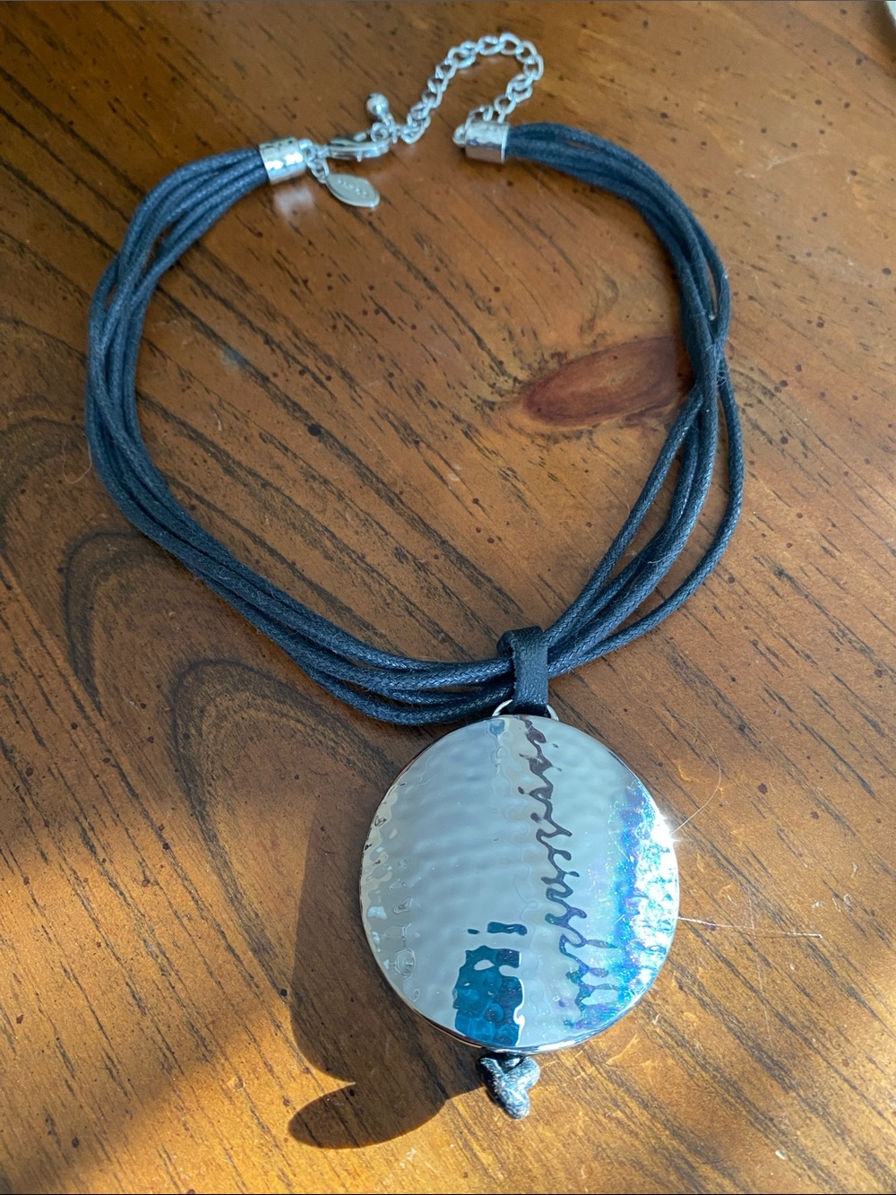 Chico's Silver Hammered Disc Necklace with Black Multi-Strand Cord